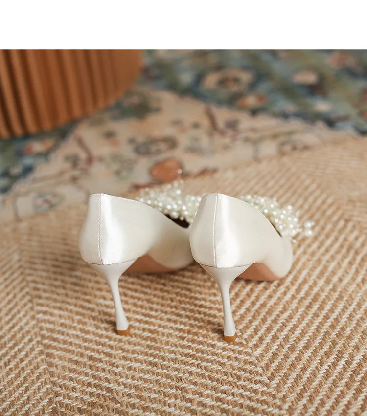 LBSFY  -  30-43 Summer Rhinestone Pearls White Wedding Shoes Women Sexy Pointed Satin High Heels Pumps Stiletto Bride Shoes