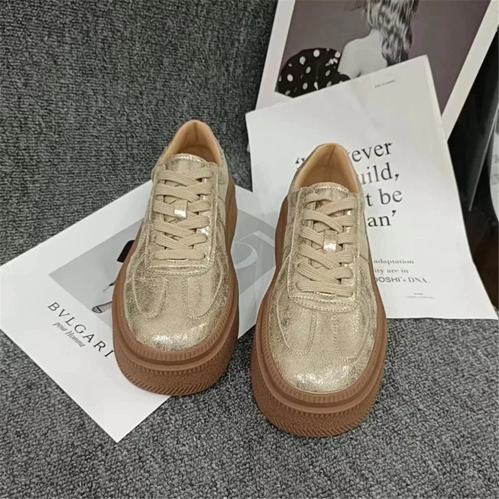 LBSFY  -  Gold Silver Fashion Women Sneakers High Platforms Comfort Casual Shoes Round Toe Cross-tied Genuine Leather Shoes Woman