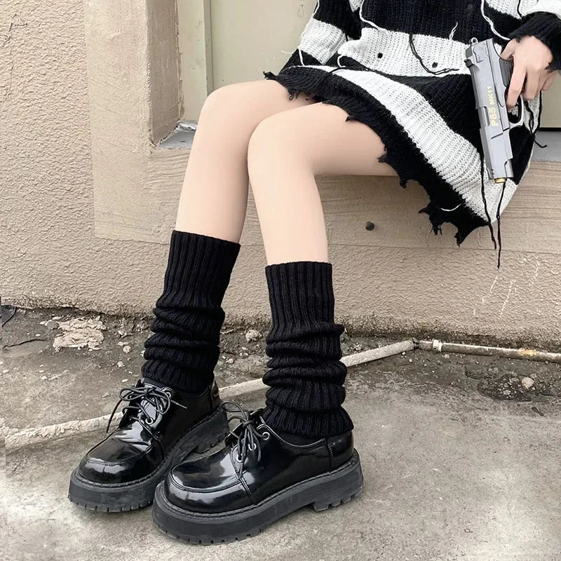 Lbsfy 40-70cm Length Wool Knitted Leg Warmers White Black Lolita Foot Cover Legging Winter Crochet Boot Cuffs Stockings Long Socks