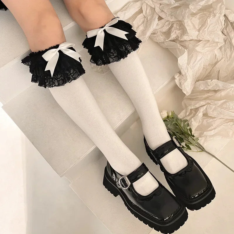 Lbsfy JK Lolita Women Stockings Y2k Girls Ruffle Long Socks Stockings Japanese Style Kawaii Bowknot Cute Lacework Knee Socks Stockings
