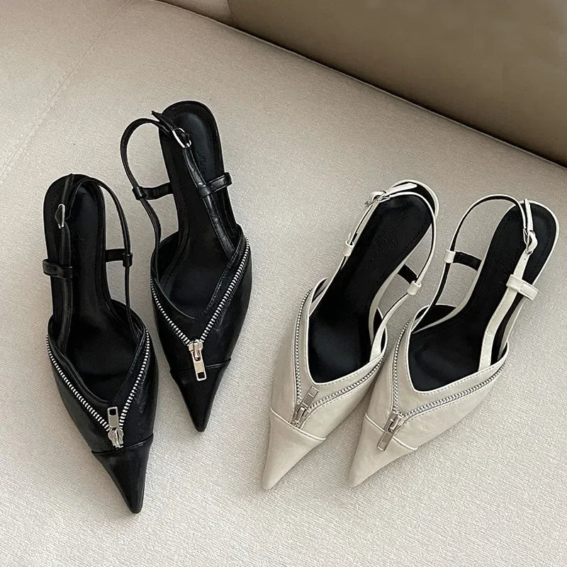 Lbsfy Pointed Toe Mules Pump Women Zip Design Slingbacks High Heels Female Footwear Fashion Summer Elegant Brand Shoes Women