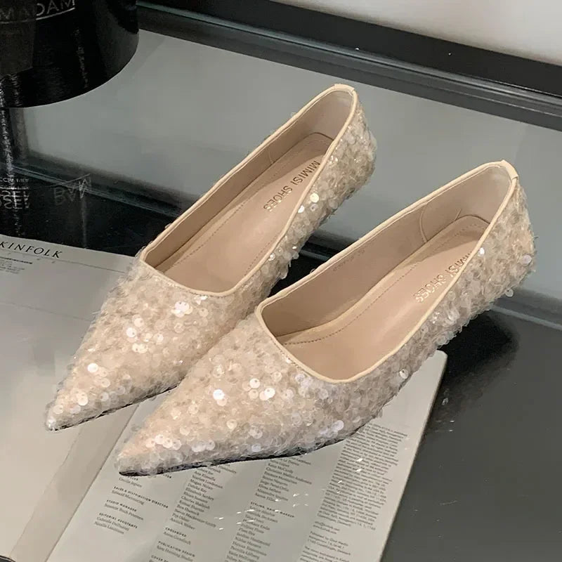 Lbsfy Bling Luxury Pumps Women Footwear Pointed Toe Shallow Low Heel Dress Shoes Female Comfort Elegant High Heels Zapatos De Mujer