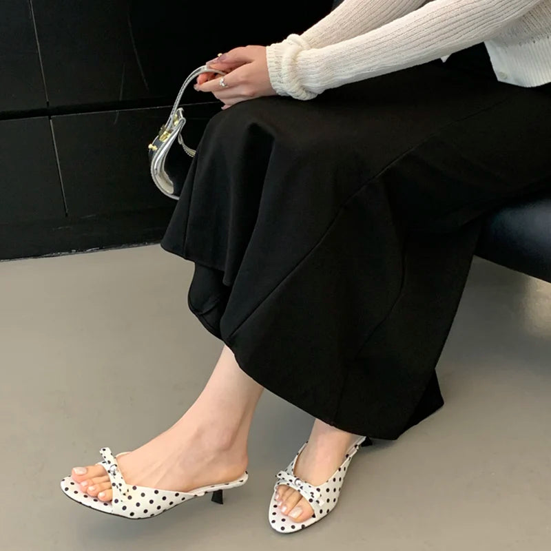 LBSFY  Summer Women Fashion Open Toe Slippers Elegant Low Heel Slides Round Dot Party Dress Sandalias Shoes