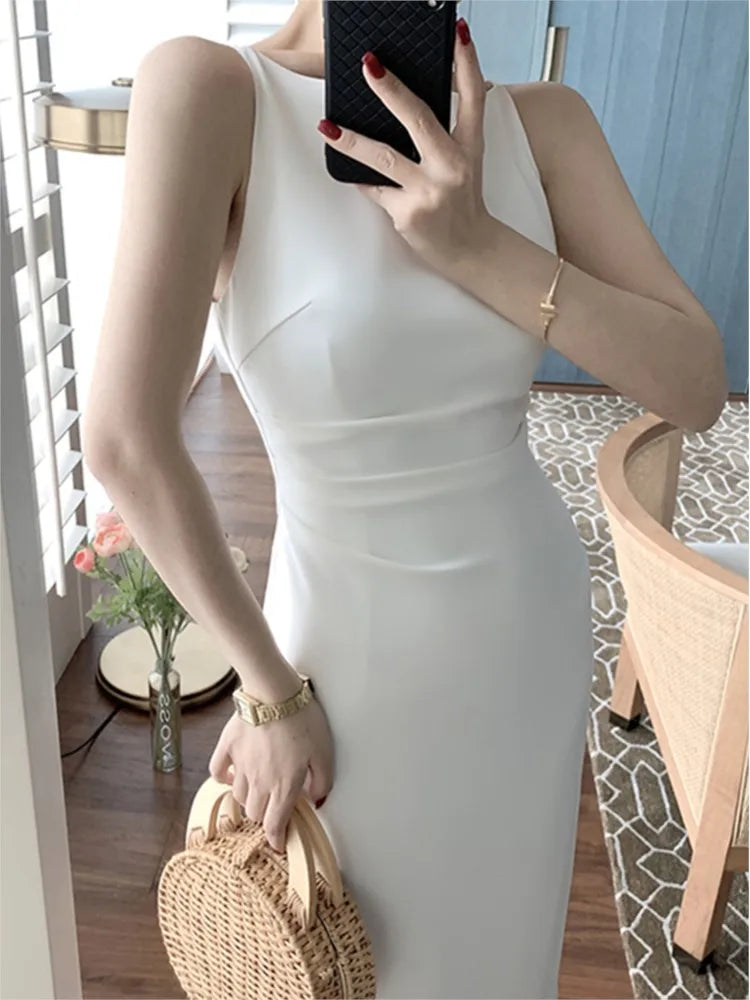 LBSFY -Women Spaghetti Strap Sleeveless Solid Sexy Dresses Summer New Fashion Office Lady Female Elegant Evening Party Midi Dress