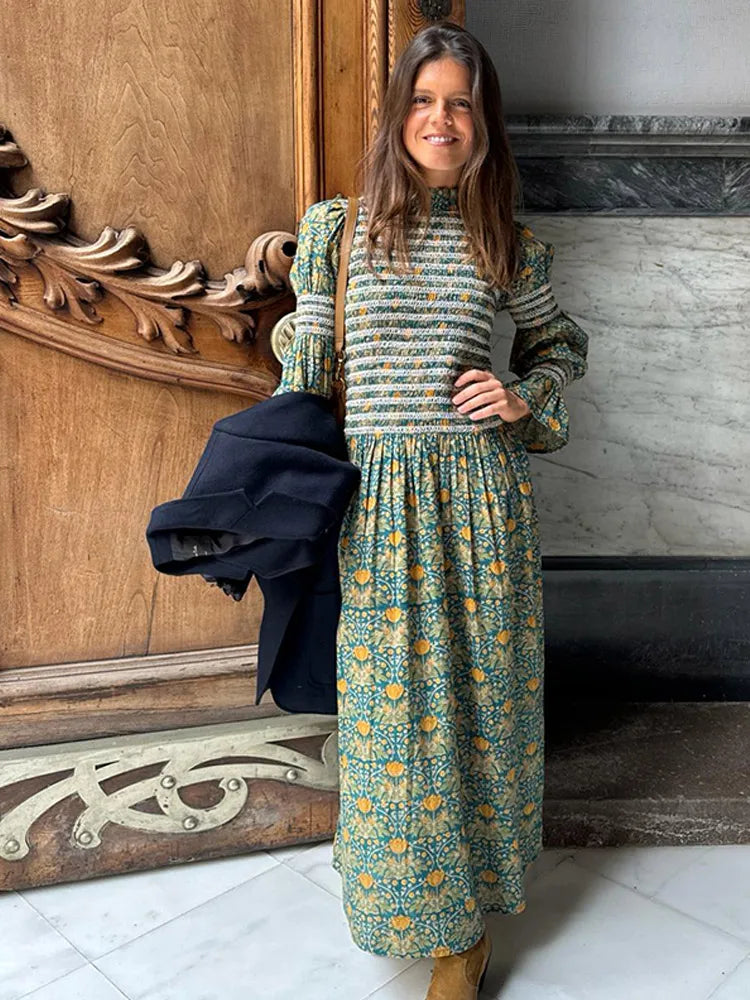 LBSFY  -  Vintage Floral Printed Striped Women's A-line Long Dress Elegant Puff Sleeves O Neck High Waist Vestido Fashion Summer Lady Robe