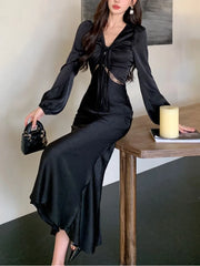 LBSFY -Autumn Satin Long Dresses for Women Long Sleeve Slim Mermaid Dress Vintage Solid Wedding Party Prom Robe Lace Up Vestidos Mujer