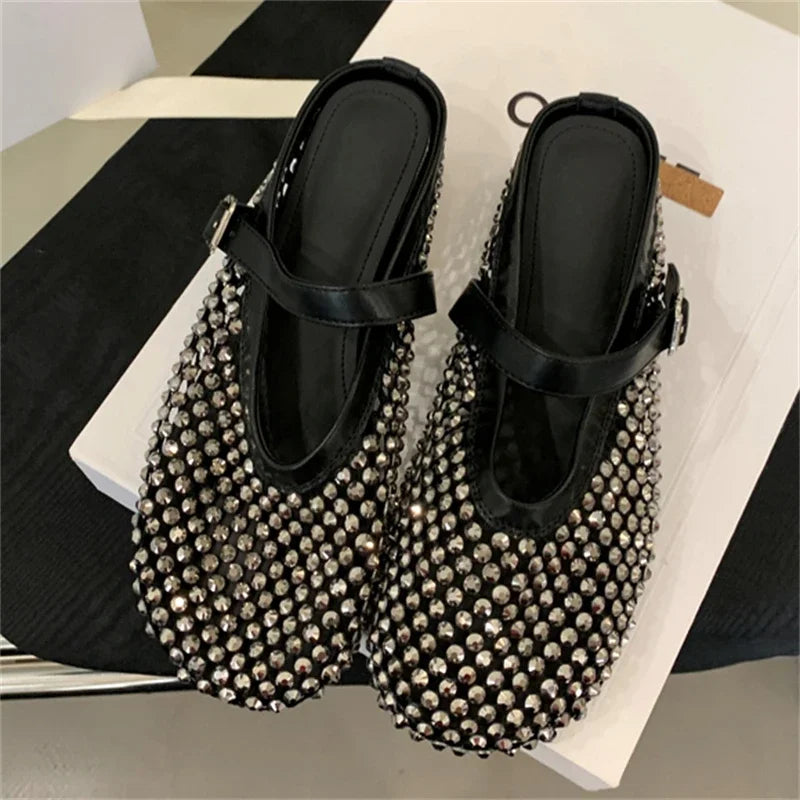 LBSFY -Mesh Hollow Out Buckle Strap Mules Slippers Women Fashion Elegant Round Toe Low Flat Heels Party Dress Shoes
