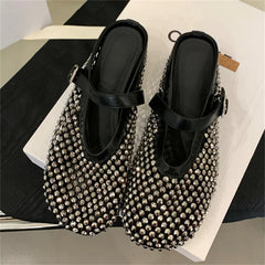 LBSFY -Mesh Hollow Out Buckle Strap Mules Slippers Women Fashion Elegant Round Toe Low Flat Heels Party Dress Shoes