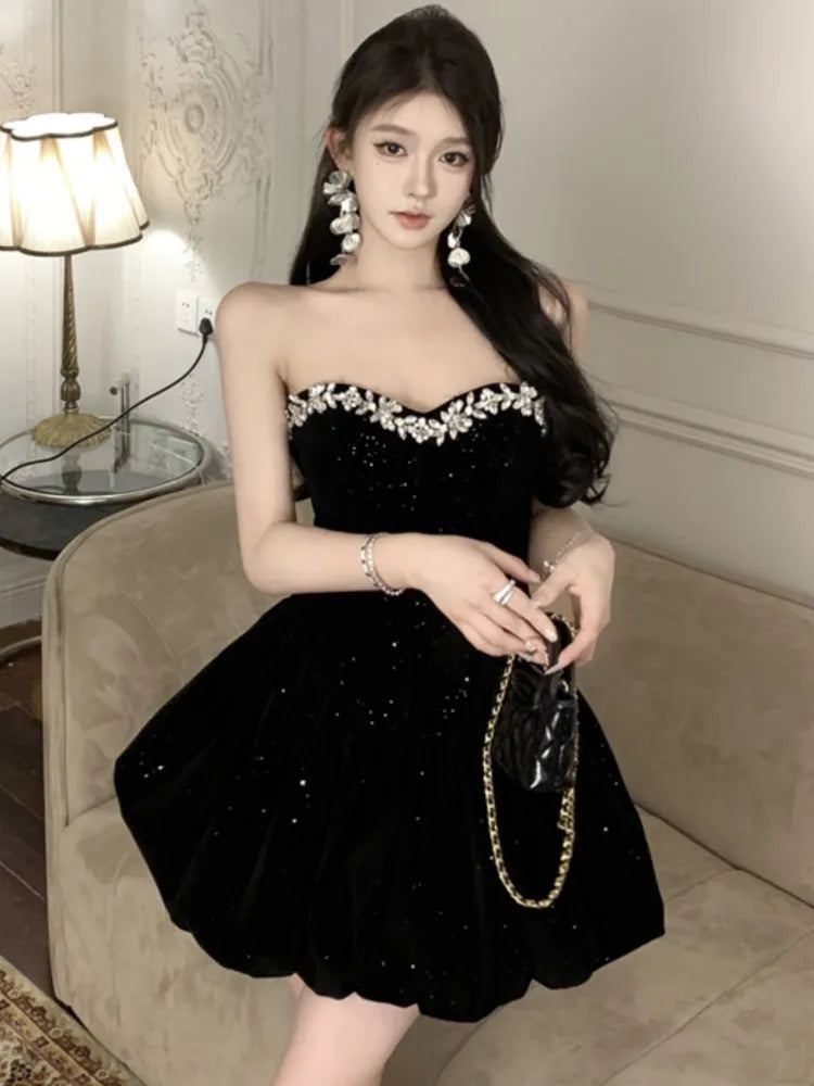 LBSFY -Black Velvet Womens Dresses Sexy Strapless Backless Wedding Party Mini Dress Slim Waist Prom A-Line Vestidos Female Clothes New