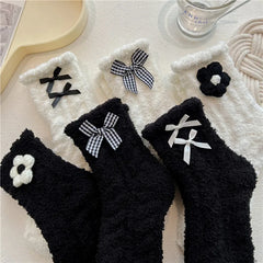 Lbsfy Women Cute Fuzzy Socks White Black  Winter Warm Fleece Kawaii Flower Bowknot Fluffy Socks Fashion Thicken Home Floor Sleep Sock