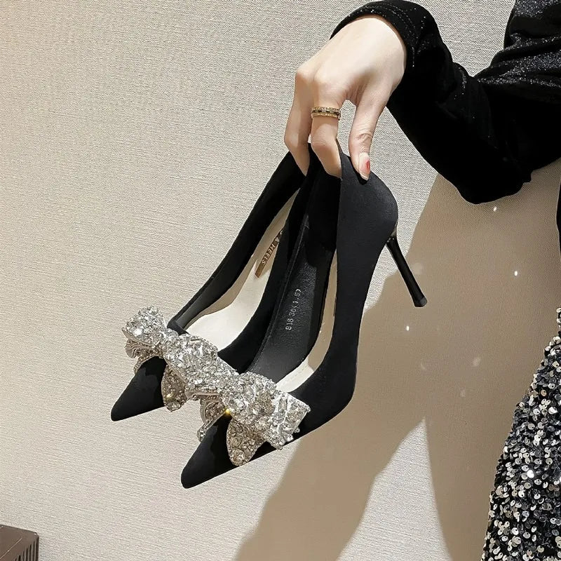 LBSFY -New Fashion Bowknot Pointed Toe High Heels Pumps Women's Stiletto White Pearl Bridal Wedding Shoes Banquet Party Dress Shoes