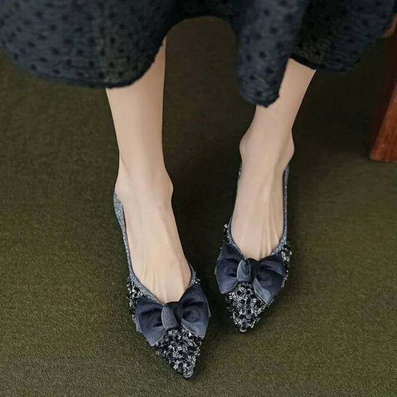 LBSFY -Sequins Wedding Bride Shoe 2025 Trend Pointed Toe With Bow Slip-on Shoes for Women Quick Delivery Y2k Fashion Summer Woman Flats