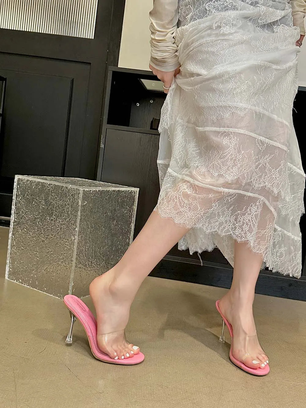 LBSFY  - Fashion Women Slippers Transparent Slides Mules Shoes Thin High Heels Black White Blue Pink Outside Summer Party Pumps Sandals