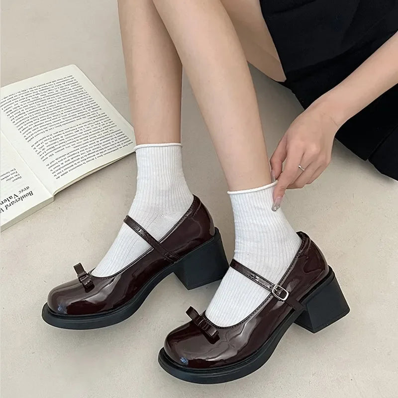 LBSFY  -  Brown Jk Uniform Shoes British Style Retro Japanese Mary Jane Shoes Women's Lolita Bow Sweet Girls Kawaii Mid Heel Cute Laofers