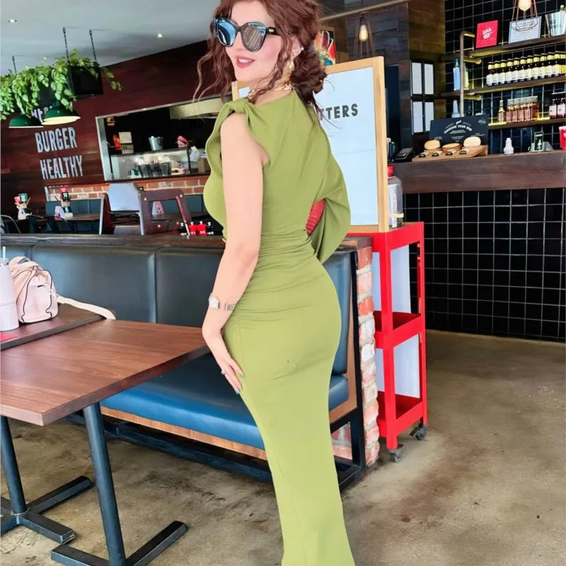 LBSFY -One Shoulder Long Sleeve Dress Solid Color Green Fashion Party Dress For Women Tight High Waist Elegant Summer Dresses New