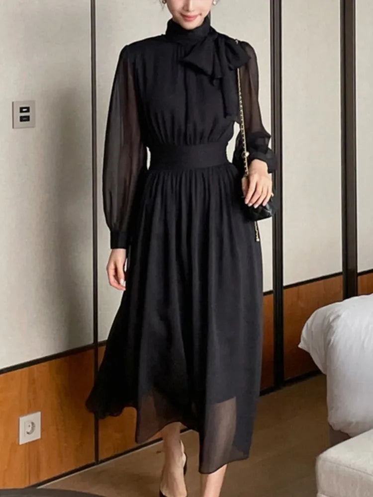 LBSFY -Elegant Midi Dresses for Women Korean Long Sleeves Half High Collar Lace-up A-line One Piece Vestido Mujer Autumn Fashion New