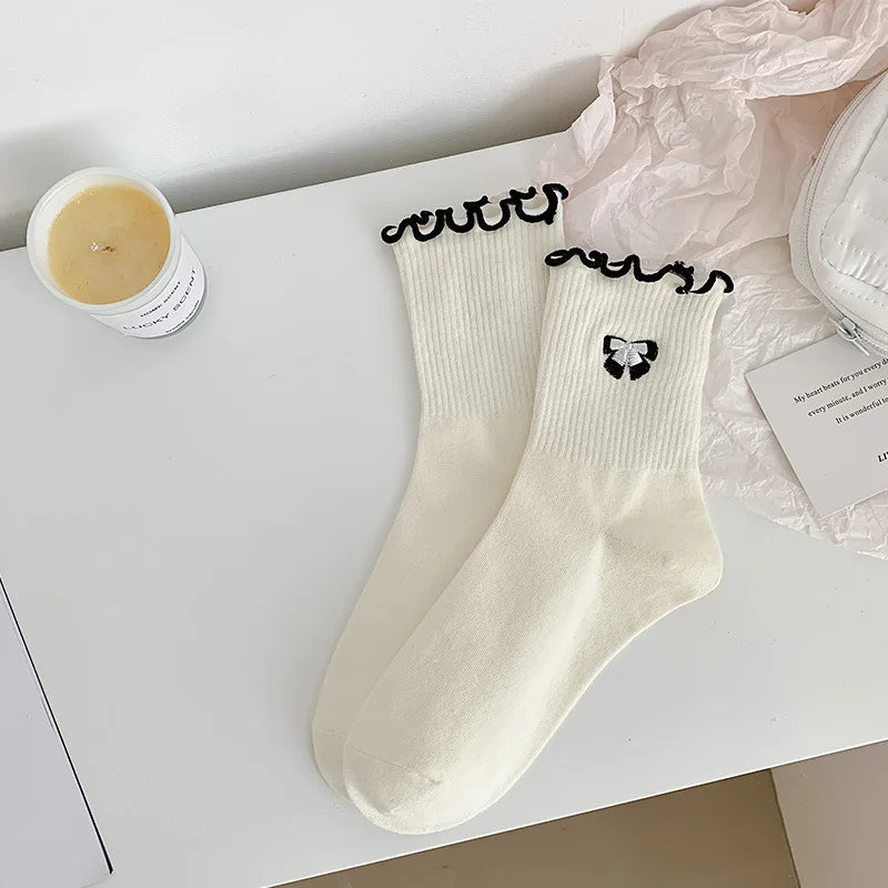 Lbsfy Women Socks Cotton Cute Rabbit Cherry Love Print Striped Ruffle Female Cartoon Animal Embroidery Stockings White Student Socks