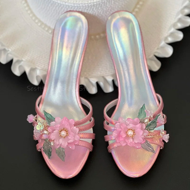 LBSFY  -  Colorful Leather Flower Mules Stiletto Heels Hollow Strappy Open Toe Slippers Slip On Summer Dress Daily Slippers Party Sandals