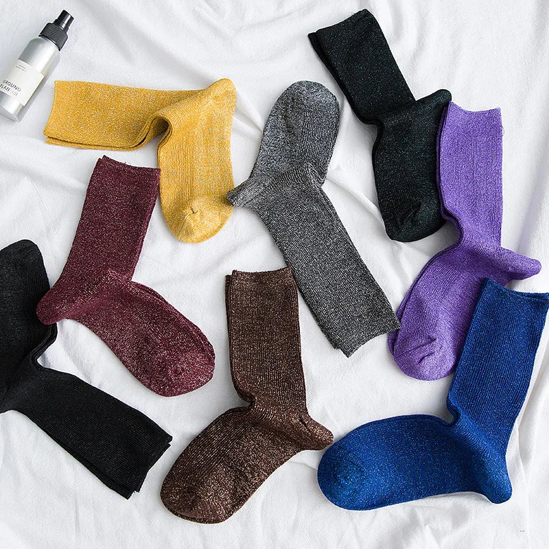 Lbsfy Bright Sparkling Women's Socks Fashion Glitter Shiny Sock Sweet Cute golden silver socks Spring Autumn Breathable Soxs