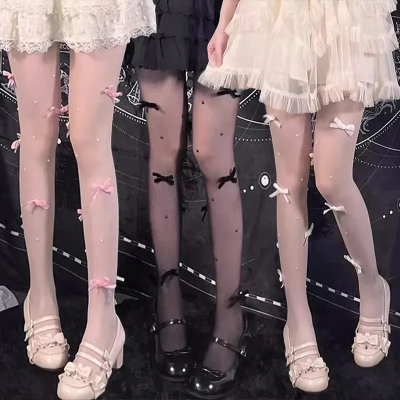 Lbsfy Sexy Bow Lace Tights Fashion Bowknot Pearl Hollow Mesh Fishnet Thigh High Stockings Women JK Lolita Sweet Girls Tight Pantyhose