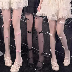 Lbsfy Sexy Bow Lace Tights Fashion Bowknot Pearl Hollow Mesh Fishnet Thigh High Stockings Women JK Lolita Sweet Girls Tight Pantyhose