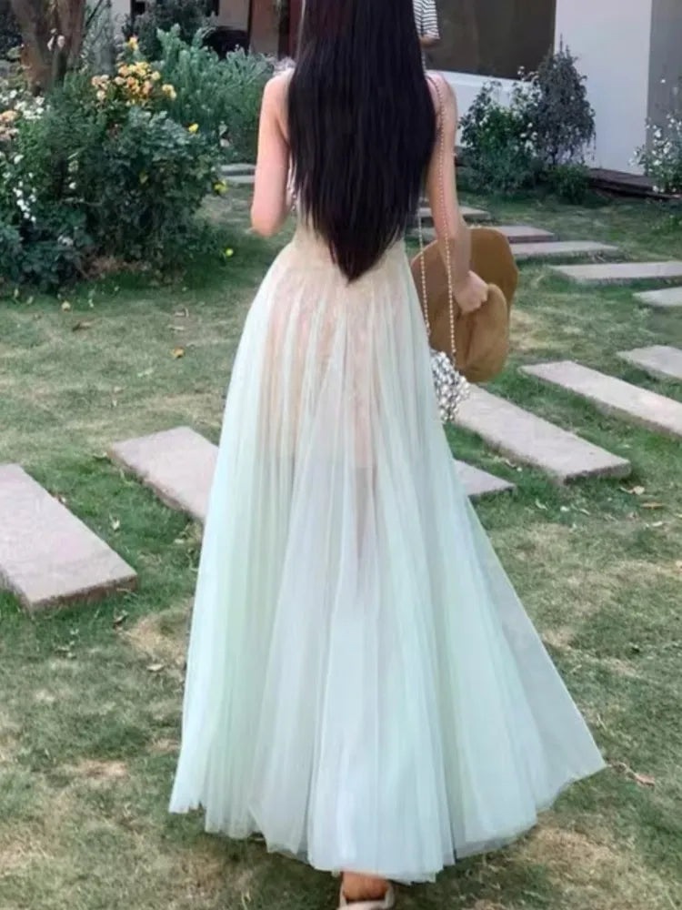 LBSFY -Summer Lace Mesh Elegant Spliced Sling Dresses For Woman 2025 Sexy Zipper New Fashion Evening Party Prom Long Dress 2025 Vestido