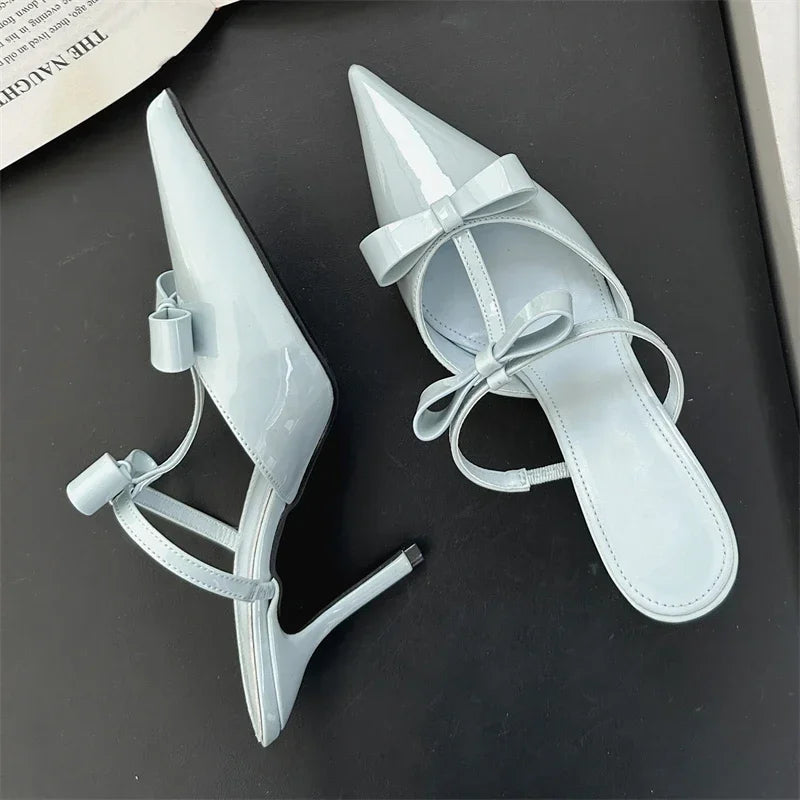 LBSFY -Spring Summer Butterfly-Knot Patent Leather Pointed Toe Women Slippers Fashion Thin Heels Elegant Pumps Mules Shoes
