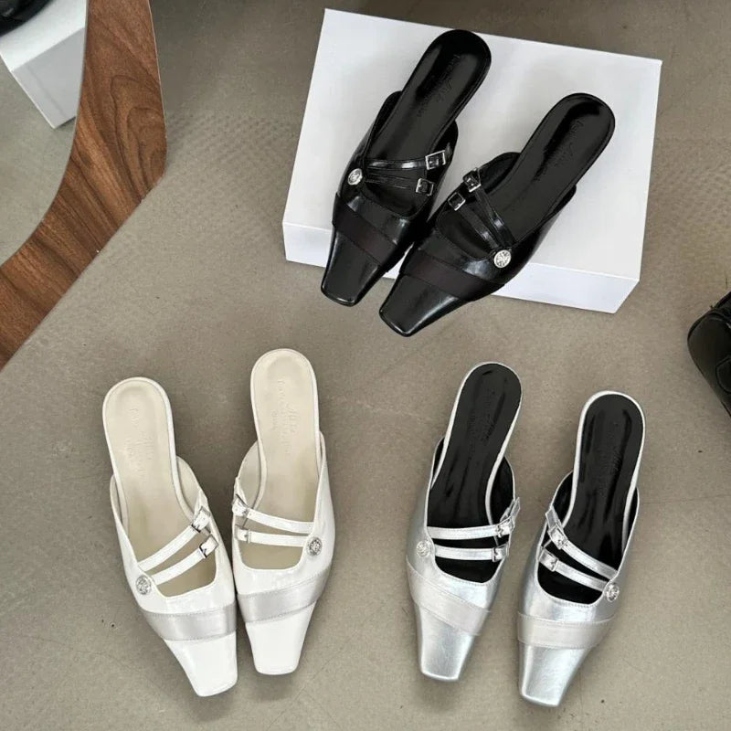 Lbsfy New Summer Woman Slipper Low Heel Elegant Dress Shoes Shallow Comfort Slides Narrow Band Design Sandals Women Pantuflas Mujer