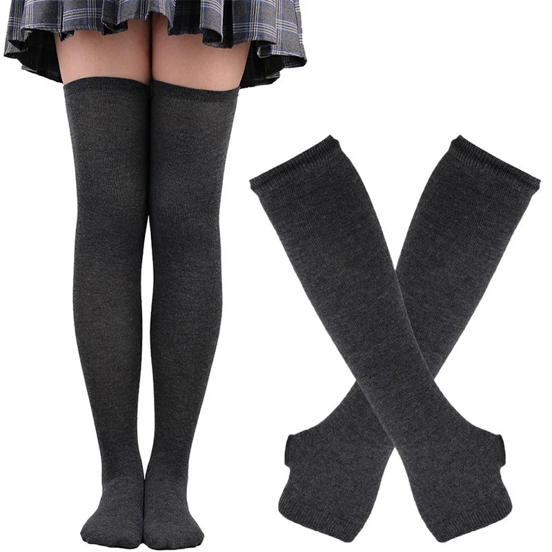 Lbsfy 1 Set Women Girls Over Knee Long Stripe Thigh High Cotton Gothic Lolita Socks Arm Sleeve Gloves Sweet Cute Black Overknee Socks
