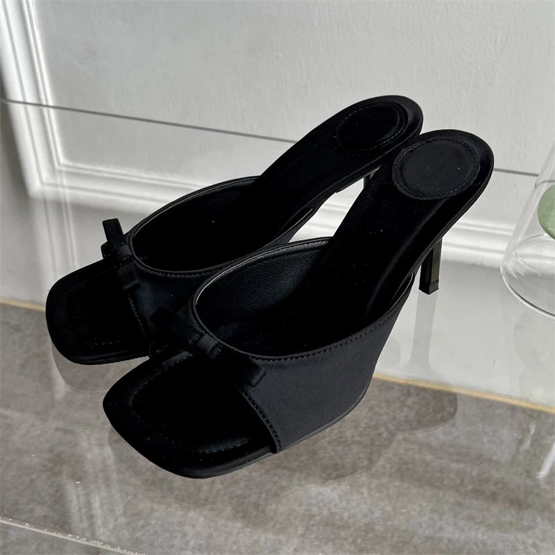 LBSFY -Summer Fashion Butterfly-knot Satin Women Slipper Slip On Ladies Sandal Thin High Heel Outdoor Dress Slides Shoes