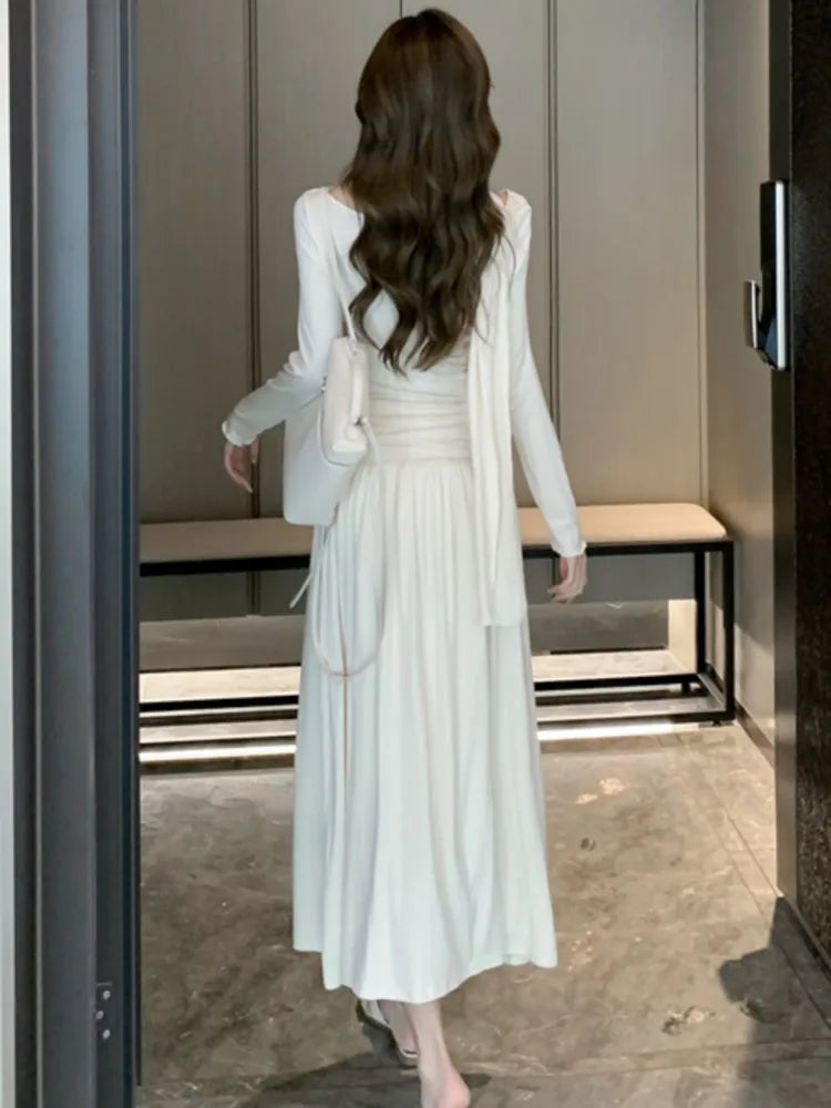 LBSFY -Elegant Solid Evening Dresses for Women Autumn Wedding Prom Robe Pleated Halter Long Sleeves Swinging Collar Vestidos Mujer New