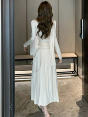 LBSFY -Elegant Solid Evening Dresses for Women Autumn Wedding Prom Robe Pleated Halter Long Sleeves Swinging Collar Vestidos Mujer New