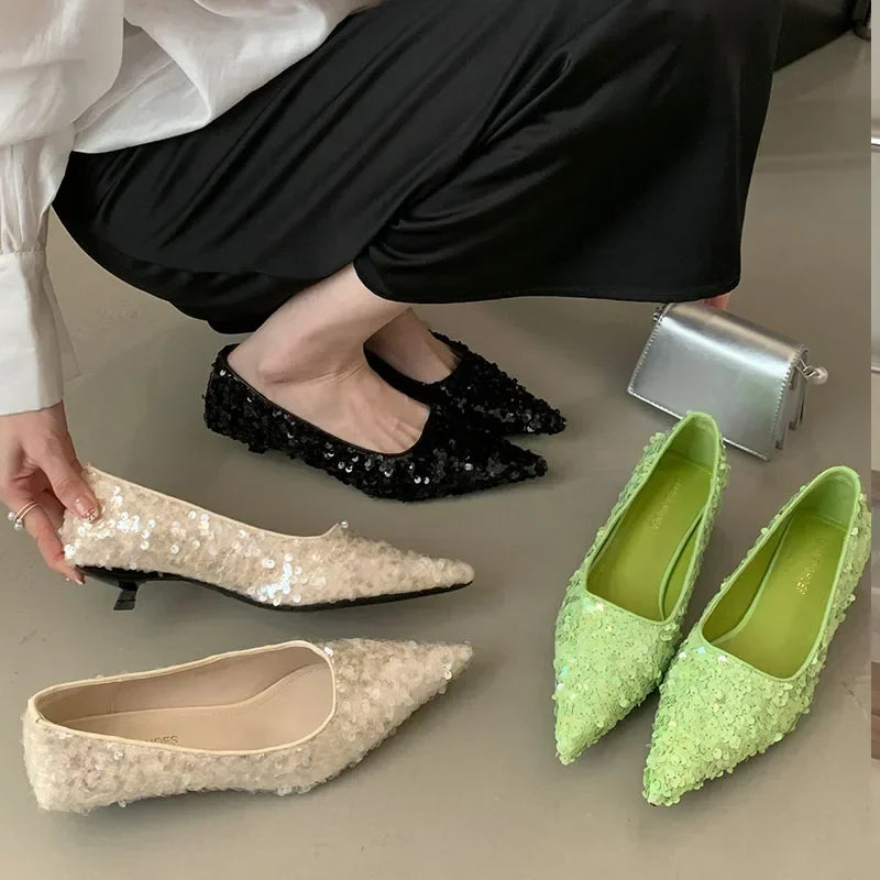Lbsfy Bling Luxury Pumps Women Footwear Pointed Toe Shallow Low Heel Dress Shoes Female Comfort Elegant High Heels Zapatos De Mujer