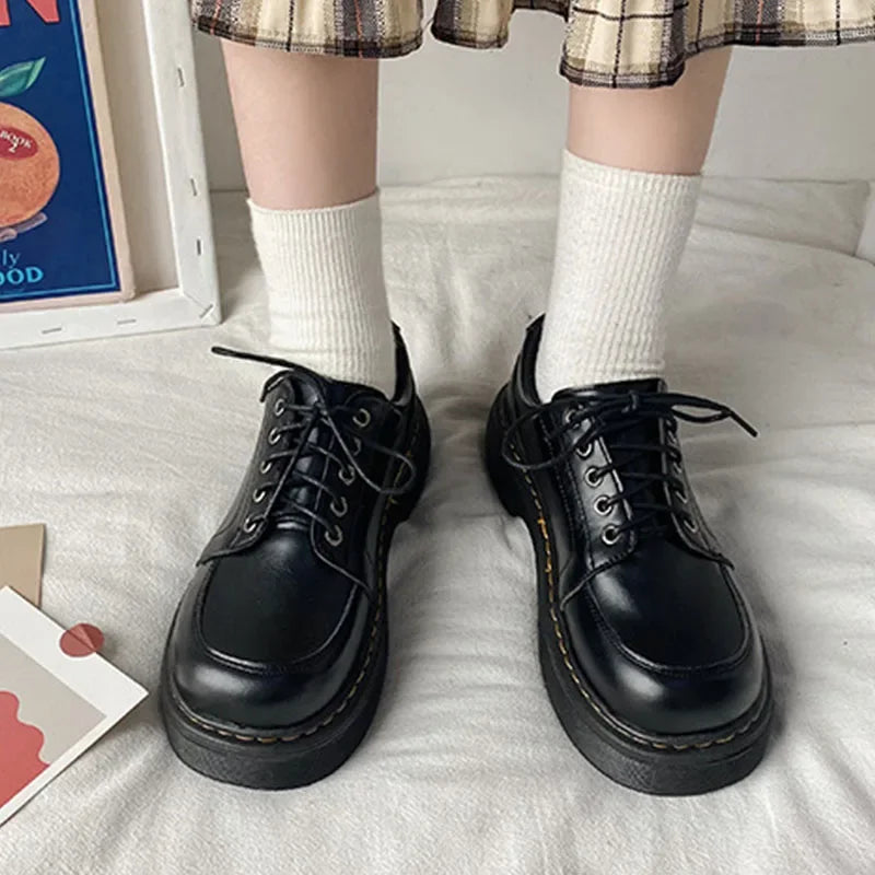 LBSFY -Mary Jane Women Pumps 2025 Spring Solid Lace-up Platform Shoes Round Toe Casual Zapatillas Mujer Black 4.5CM High Zapato De Tacón