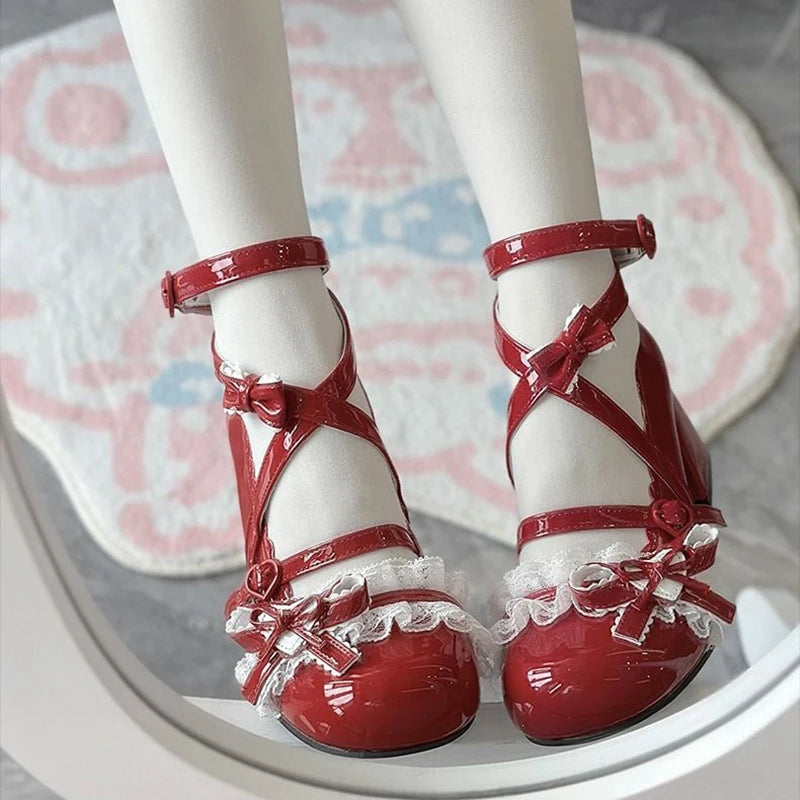 LBSFY -Lolita Red High Heels Cute pumps Shoes spring Autumn Lace Thick high heels Single Shoes Patent Leather Mary Jane Women's Shoes