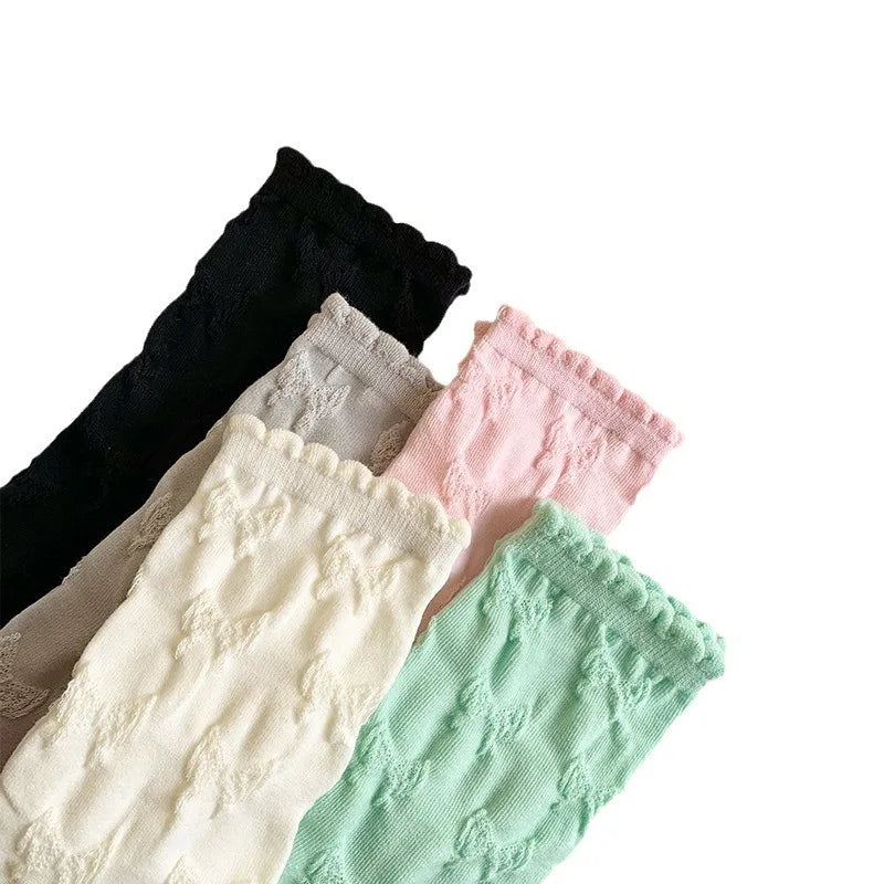 Lbsfy Socks Spring Summer Solid Color Casual Bow Lace Sweet Style Girl Cotton Middle Tube Woman Girls Gift Lolita Harajuku Socks
