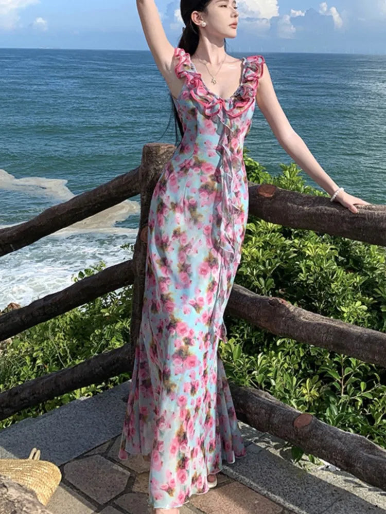 LBSFY -French Print Ruffles Princess Romantic Fairy Women's Dresses V-Neck Sleeeless Slim Waist Length Dress Beach Vacation Summer 2025