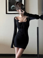 LBSFY -Elegant Knitted Dresses for Women Fashion Chic Long Sleeve Lace-up Evening Party Mini Dress Female One Piece Casual Vestidos New