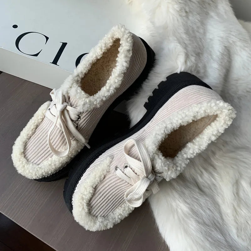 LBSFY  -  Fashion Women's Shoes New High Quality True Lamb Hair Corduroy Lace up Thick Sole Shoes Comfortable Winter Warm Shoes