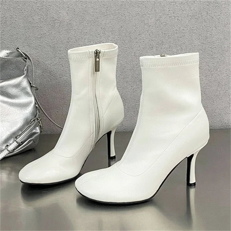 LBSFY -Spring Autumn SEXY Round Toe Women Ankle Boots Concise Thin High Heels Shoes Fashion Side Zipper Short Booties