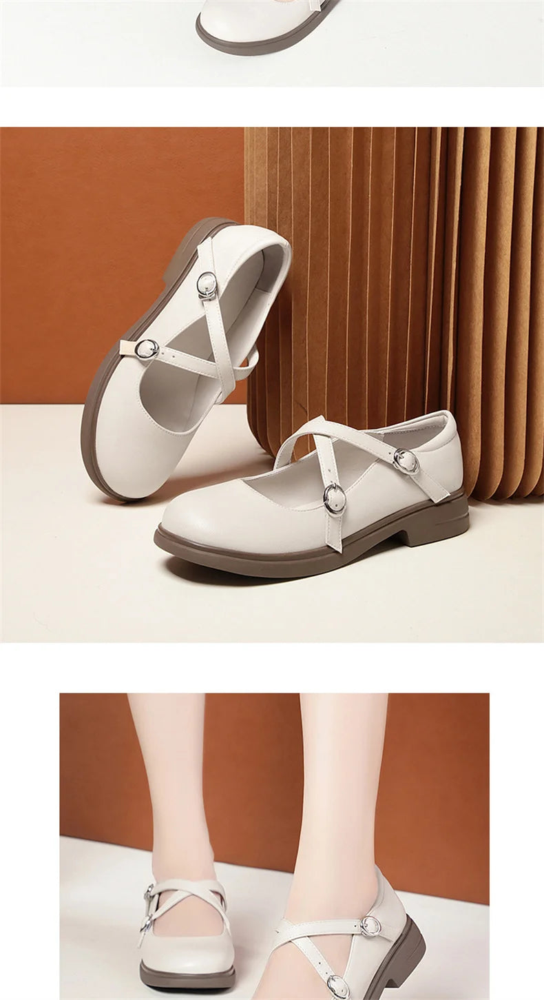 LBSFY -Spring Versatile Breathable Women Mary Jane Shoes Low Heel Buckle Strap Round Toe  Party Dance Soft Leather Single Shoes