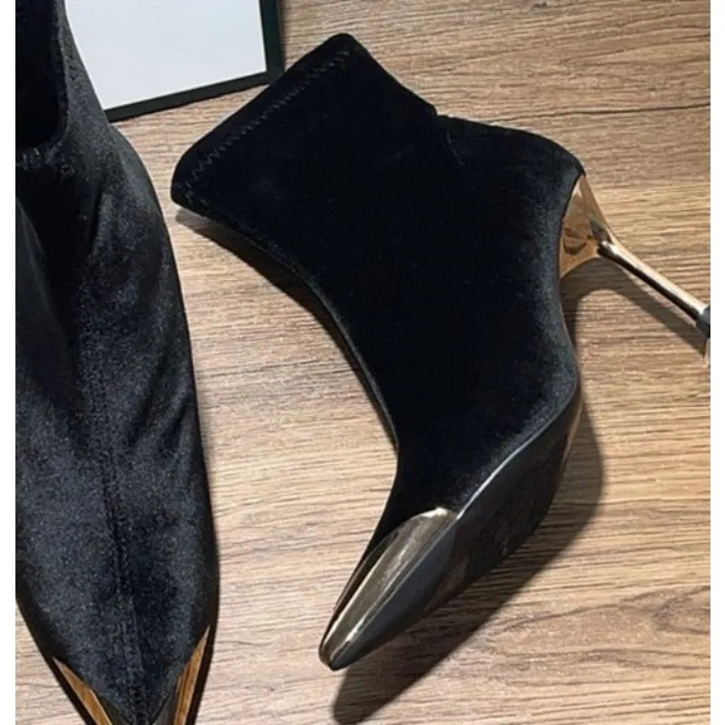 LBSFY -New Style Women's Concise Black Women Ankle Boots Pointed Toe Design Metal Decoration High Stiletto Heels Shoes Zapatos Mujer