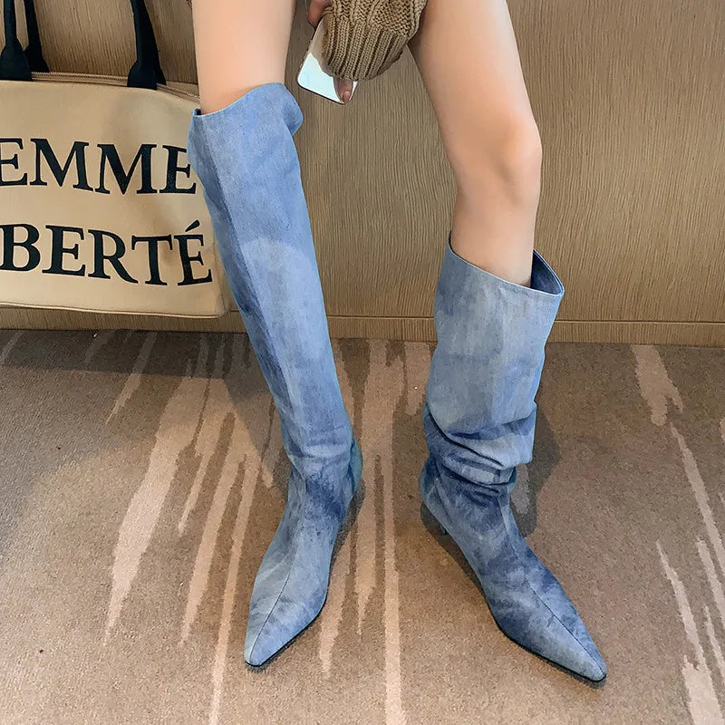 LBSFY  -  Fashion Knee-High Women Boots New High Quality Denim Boots Pointed Toe Wide Tube High Heel High Boots Street Hot Girl