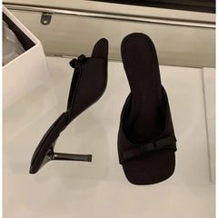 LBSFY -New Women's Slipper Mules Low High Heels Shoes Summer Best Street Look Females Square Head Open Toe Bow Strappy Sandals