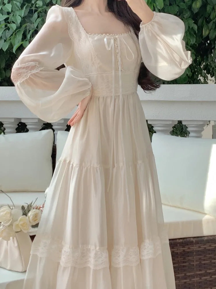 LBSFY -French Ruffle Lace Midi Dress Elegant Fairy Square Neck Long Sleeve A-line Vestidos Casual Slim Evening Party Solid Mujers Robe