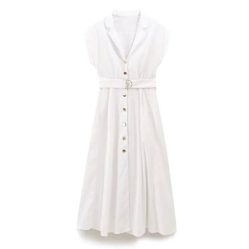 LBSFY -Fashion Casual Women Dress With Belt Single Breasted Simple Elegant Summer Long Dress 2025 New Casual Chic Female Clothing