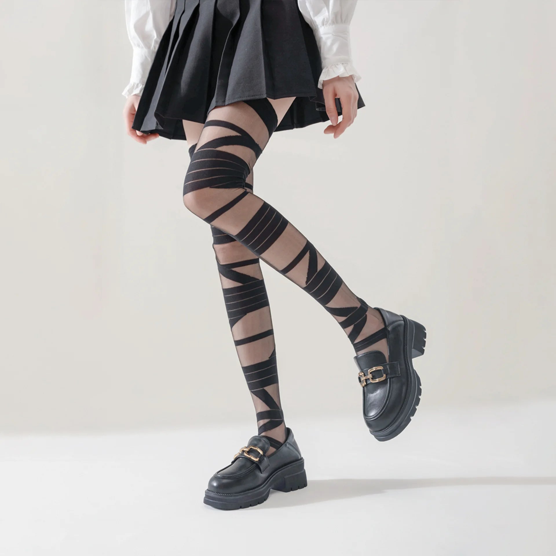 Lbsfy Stockings Women Thin Lolita Cute Girl Black Thigh High Socks Cross Bandage White Over the Knee Stockings