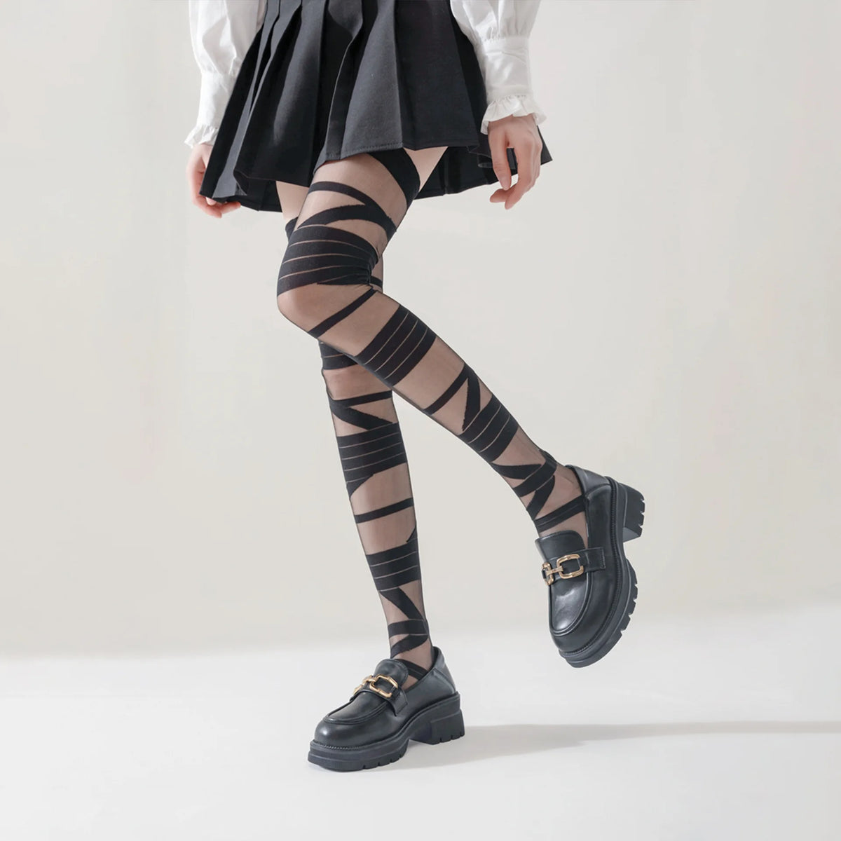Lbsfy Stockings Women Thin Lolita Cute Girl Black Thigh High Socks Cross Bandage White Over the Knee Stockings