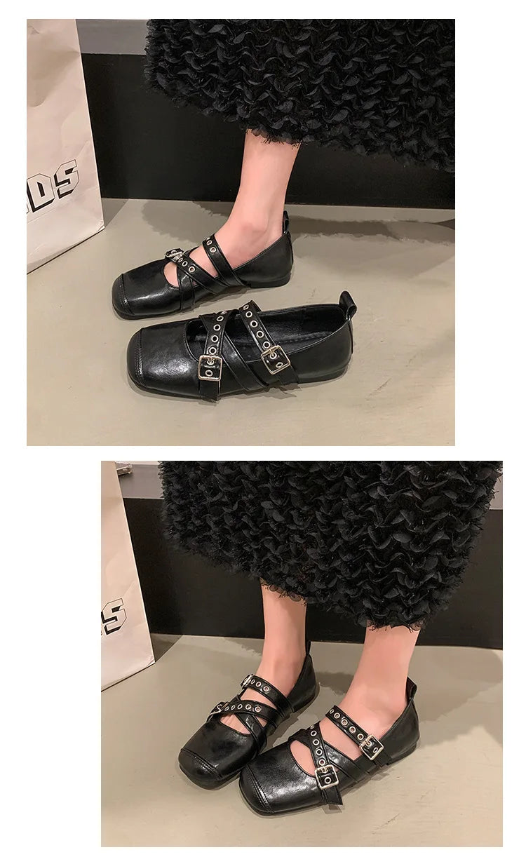 LBSFY -Designer Spring Women Mary Jane Shoes Fashion Square Toe Ladies Comfort Soft Sole Flats Women's Belt buckle Ballerinas Shoes