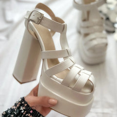 LBSFY  -  Womens Fashion Summer Square Toe T-strap Sandals White Black Pumps High Heels Roman Platform Shoes Wide Heels Women